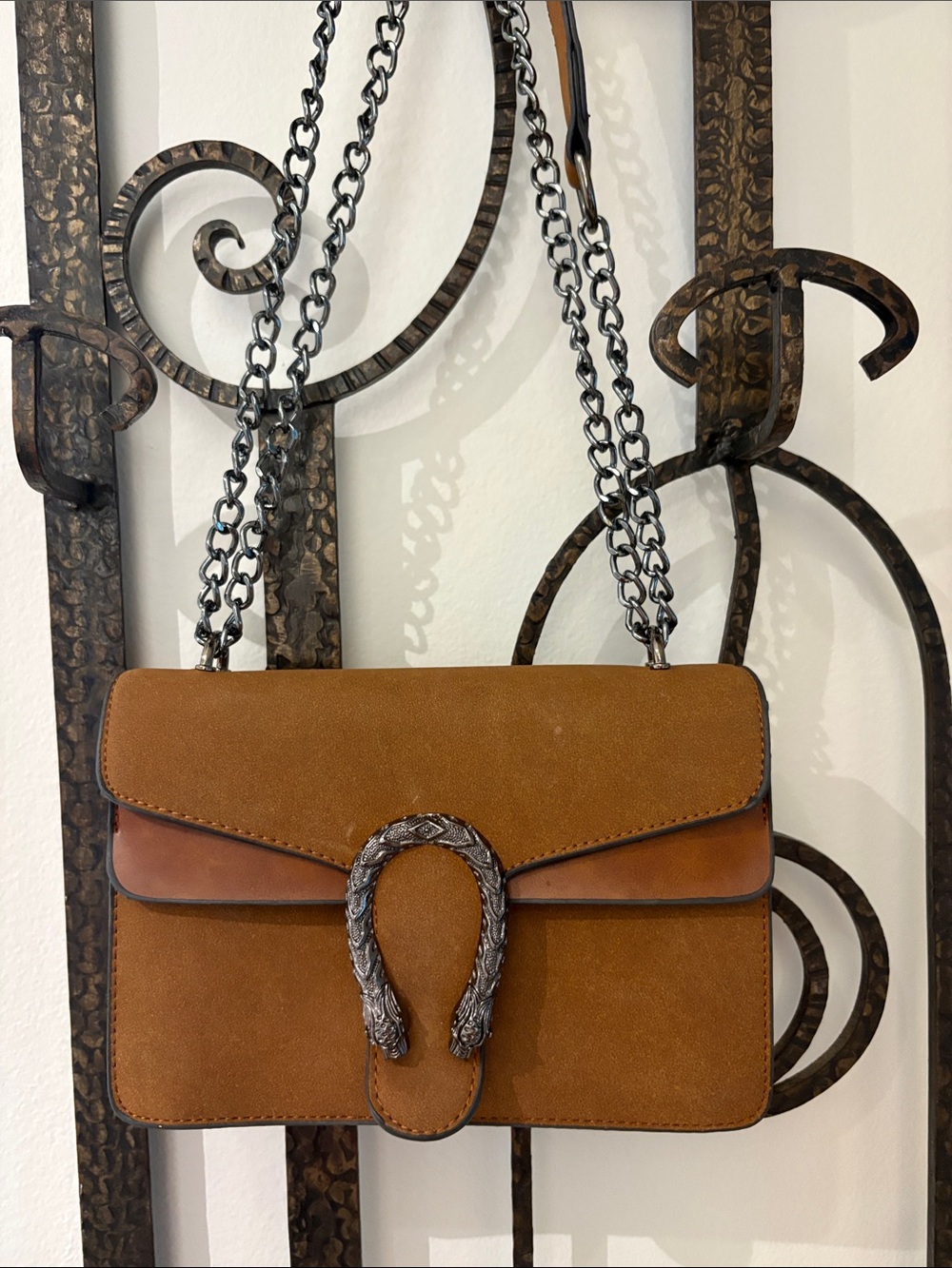 Tan Suede Leather Chain Crossbody with Sculpted Silver-Tone Hardware
